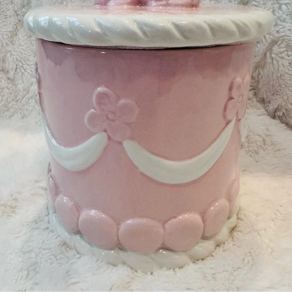 Cookie Jar Easter Cake Shaped Canister Bunny Ears Pink Frosting Ceramic NEW 10”